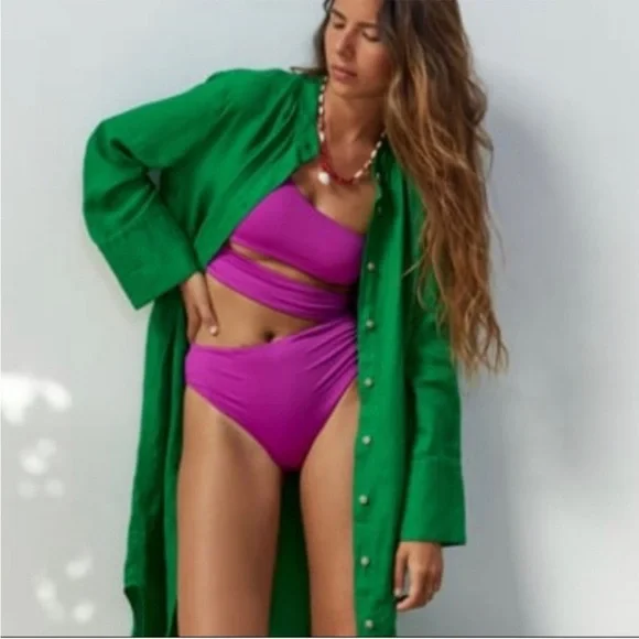 Zara Green Linen Longline Long Sleeve Tunic Button Down Dress Cover Up Small - Picture 4 of 13